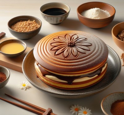 Dorayaki clásico con chocolate, frijoles dulces y una marca de flor